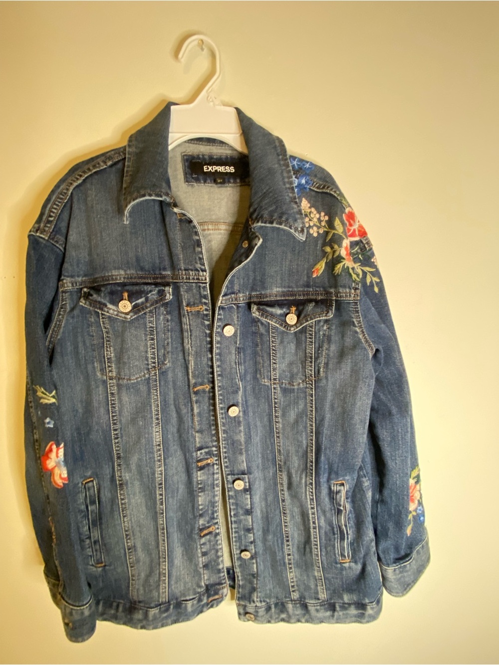 Express Blue Denim Jacket with Floral Embroidery